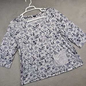 Shana Top Womens L Blue Floral Wearable Art‎ Crinkle Flowy Tunic Lounge Pocket